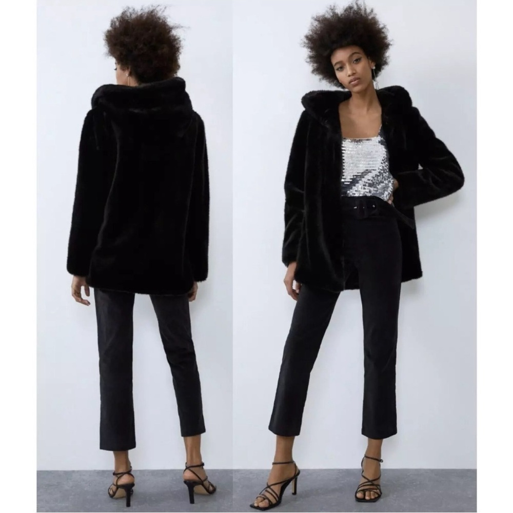 ZARA Women's Coat FAUX FUR Black HOOD DETAIL Soft Furry HOODED Jacket Sz S